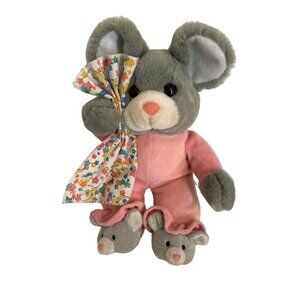Commonwealth VTG Plush Gray Mouse With Baby Mouse Slippers Lovie Blanket Stars